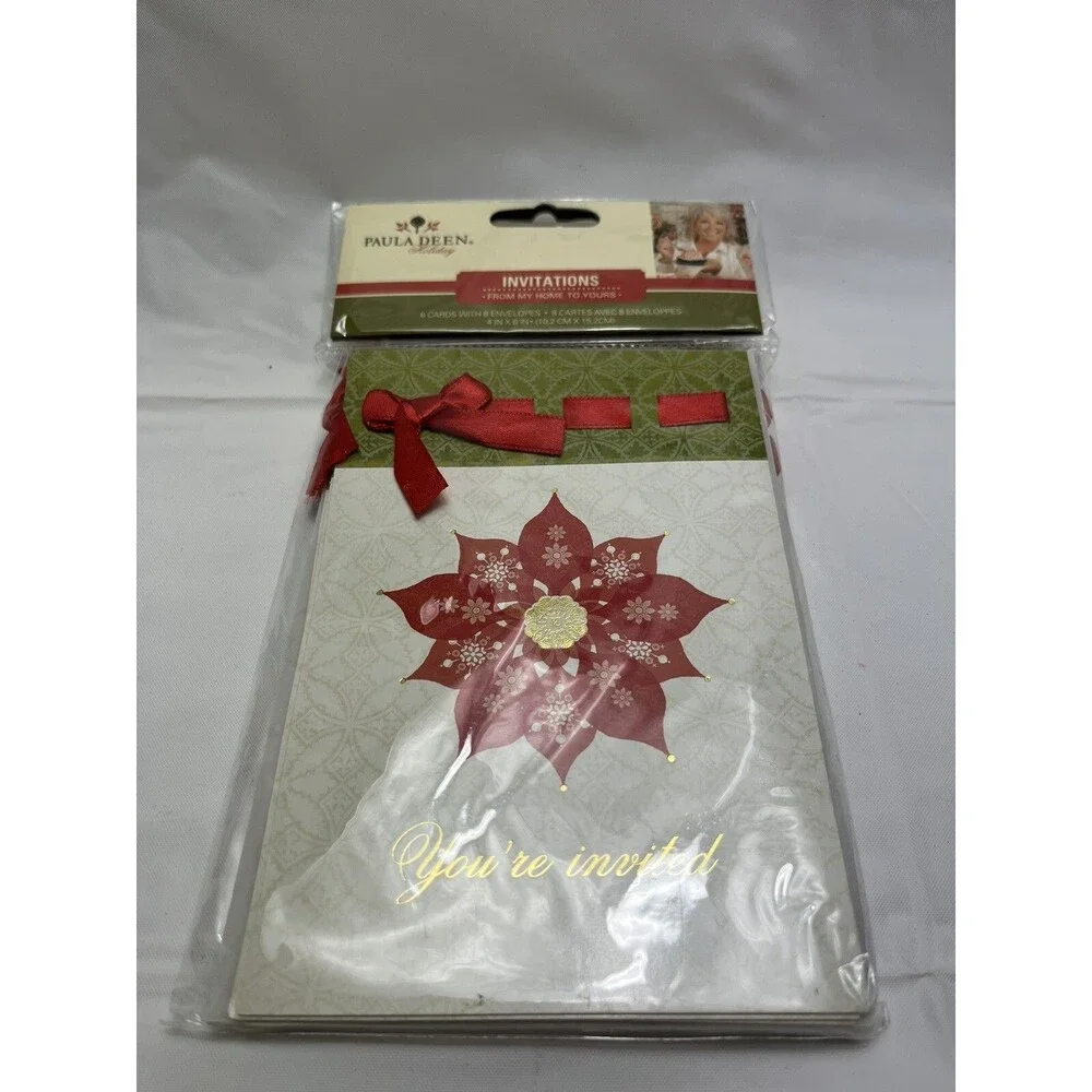 Paula Deen Holiday Invitations 8 Cards and Envelopes Poinsettia